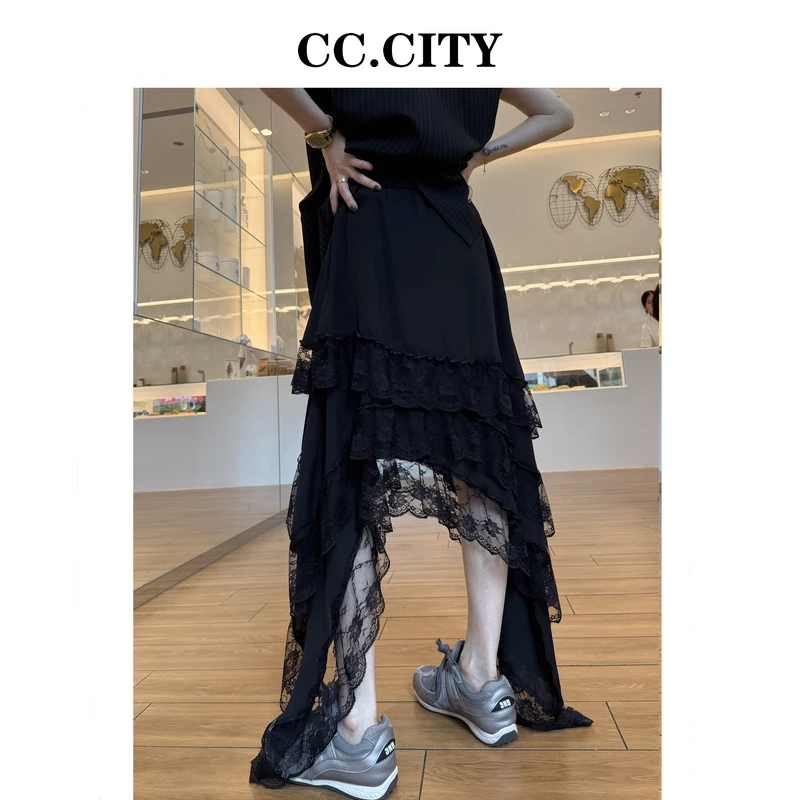 【蔡丽丽 & 添羽 】时尚洋气个性厚雪纺拼接蕾丝不规则半裙W8872