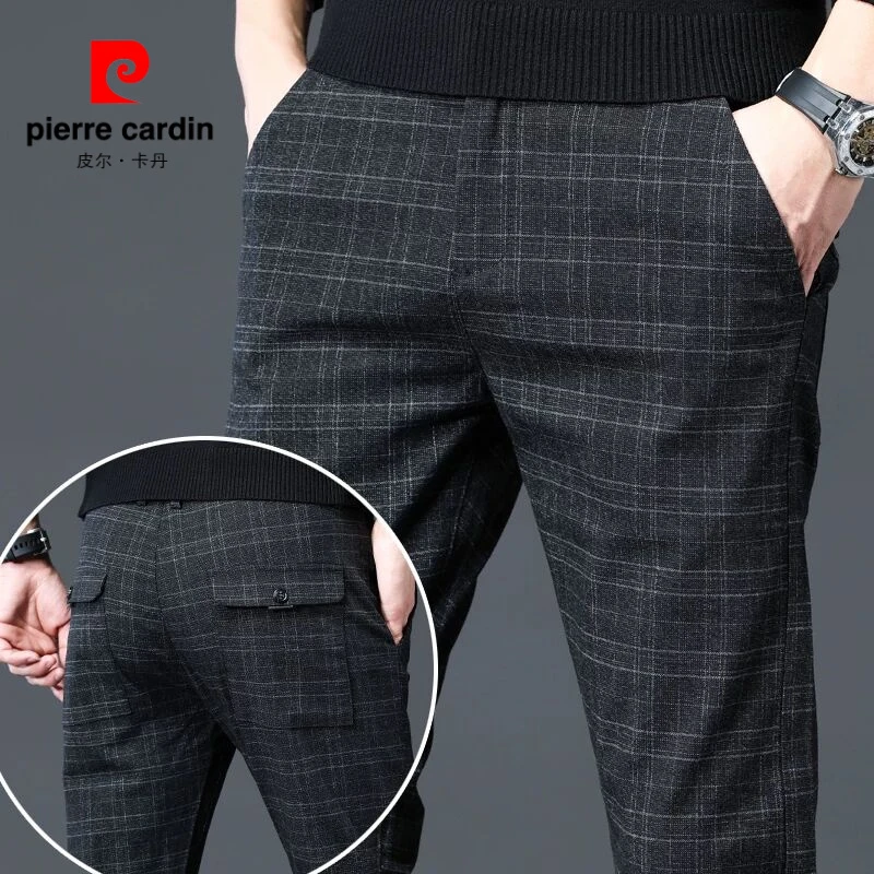 皮尔卡丹男士休闲裤秋冬款修身小脚黑色格子西裤2024新款冬季潮牌