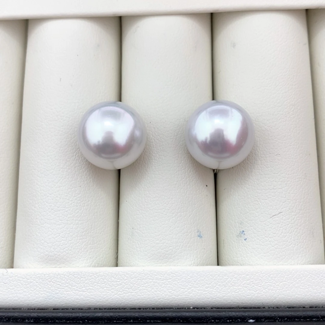 海水珍珠耳钉18K金镶嵌13-14 澳白 甜
