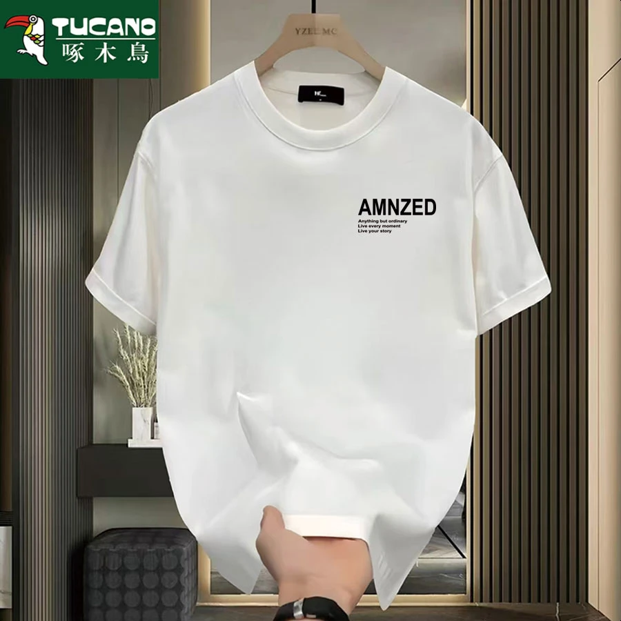 啄木鸟重磅纯棉短袖T恤男士夏季新款2025爆款休闲时尚印花圆领T恤