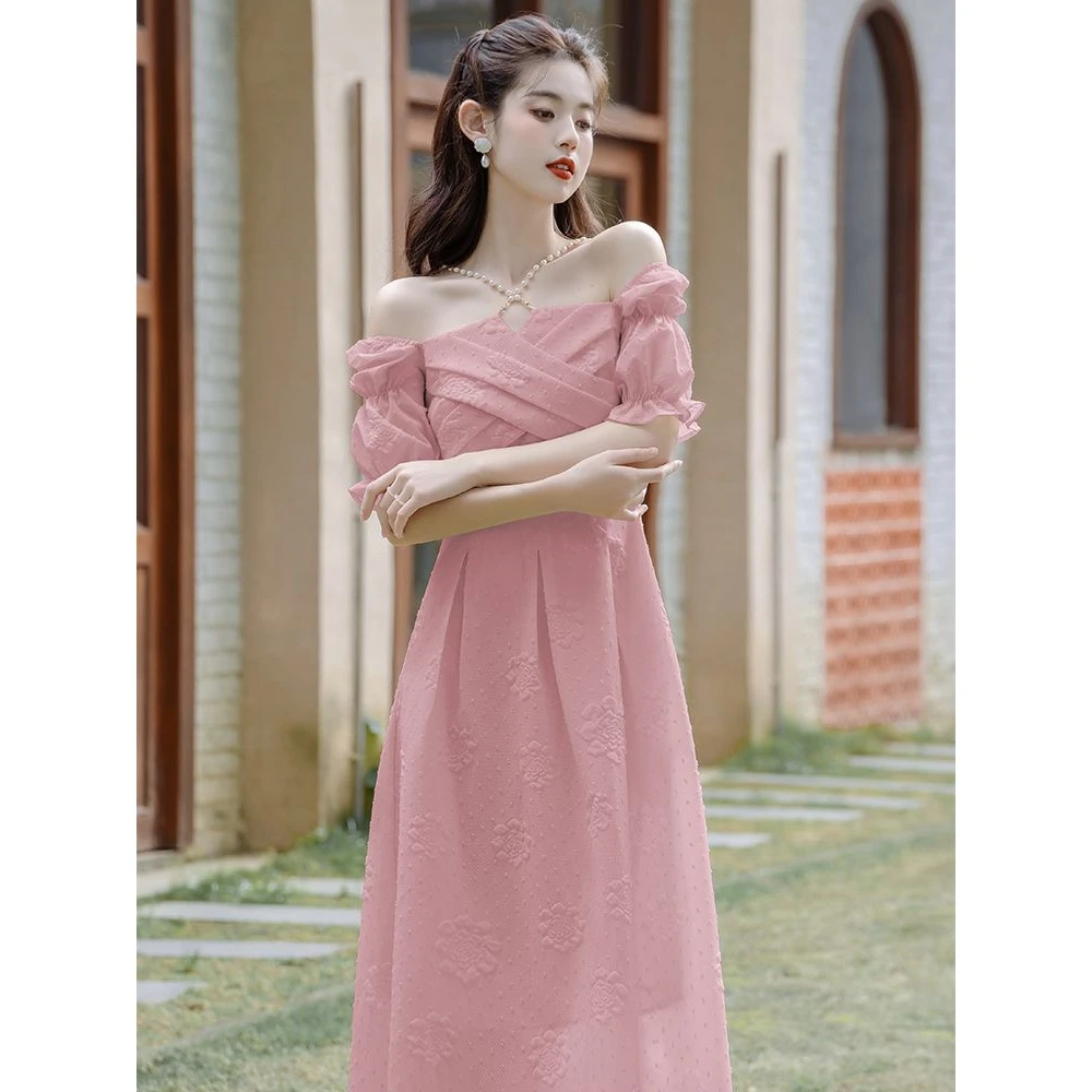 法式在逃公主裙子清纯温柔珍珠挂脖连衣裙蓝色轻礼服名媛长裙夏季