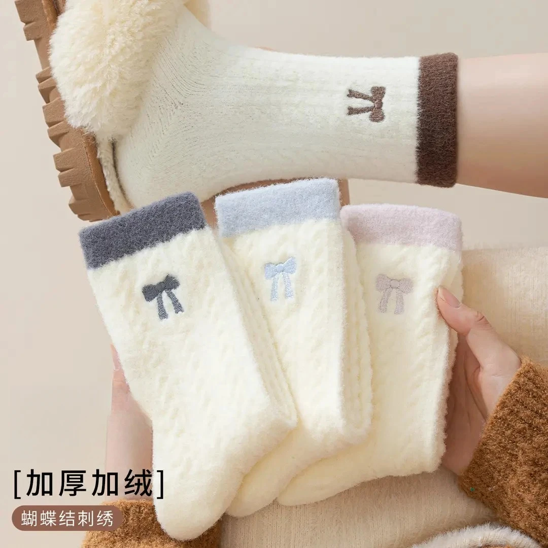 澳绒袜子女款秋冬季加厚加绒冬季保暖中筒袜毛绒刺绣蝴蝶结长筒袜