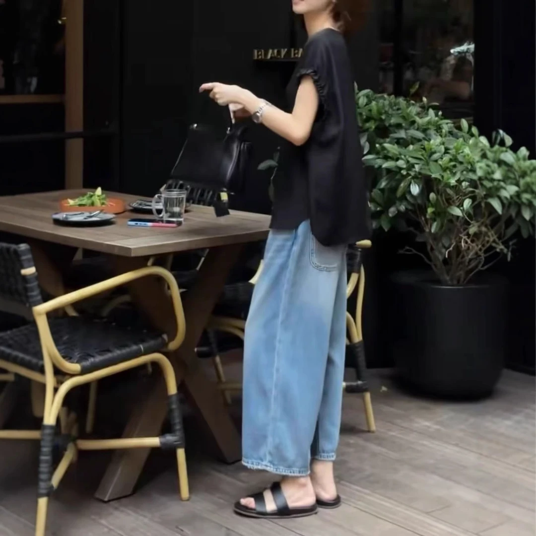 25825夏季新款时尚百搭高级感黑色宽松上衣牛仔阔腿裤潮女装两件