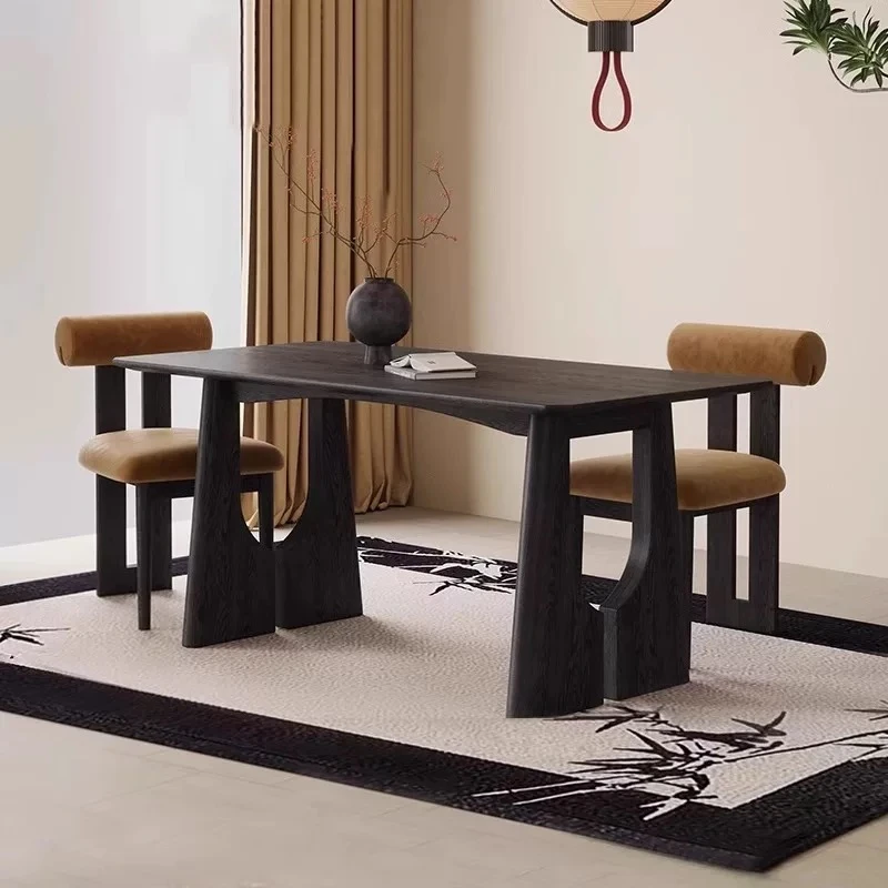 长方形餐桌岩板实木白蜡木饭桌中古风复古法式小户型餐厅桌组合