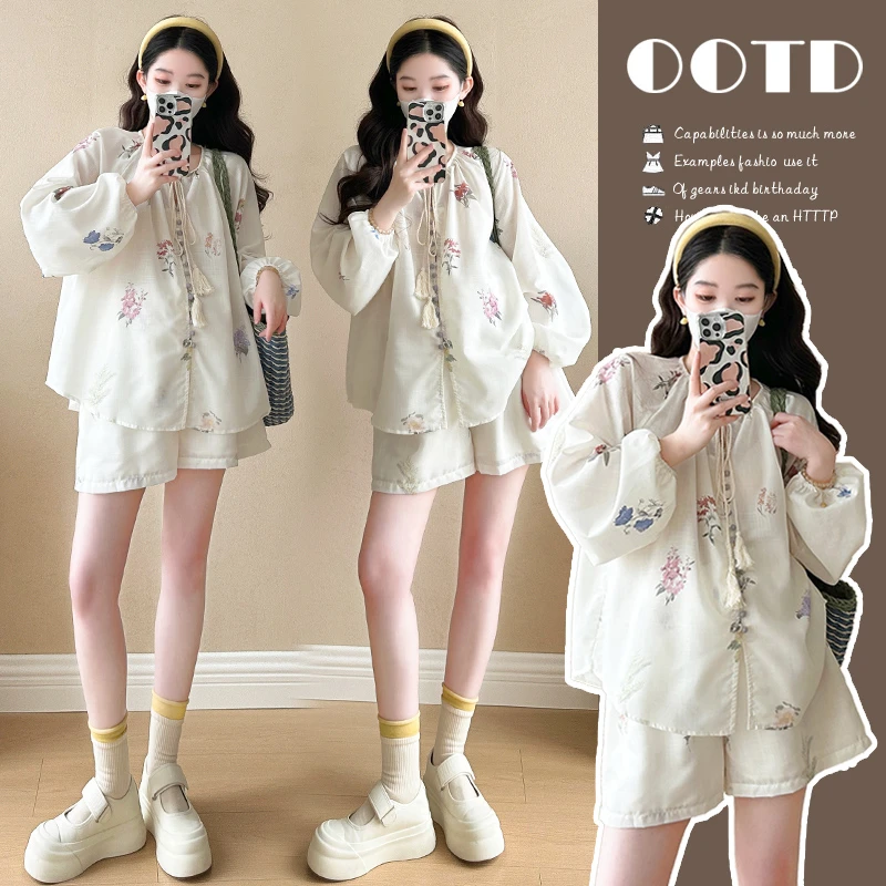 孕妇套装春夏圆领系带灯笼袖印花上衣+阔腿短裤两件套