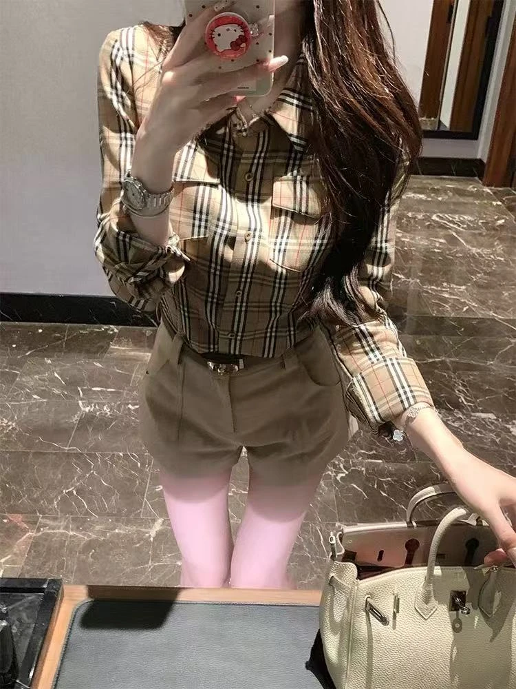 阿晴同款格子上衣短裤套装