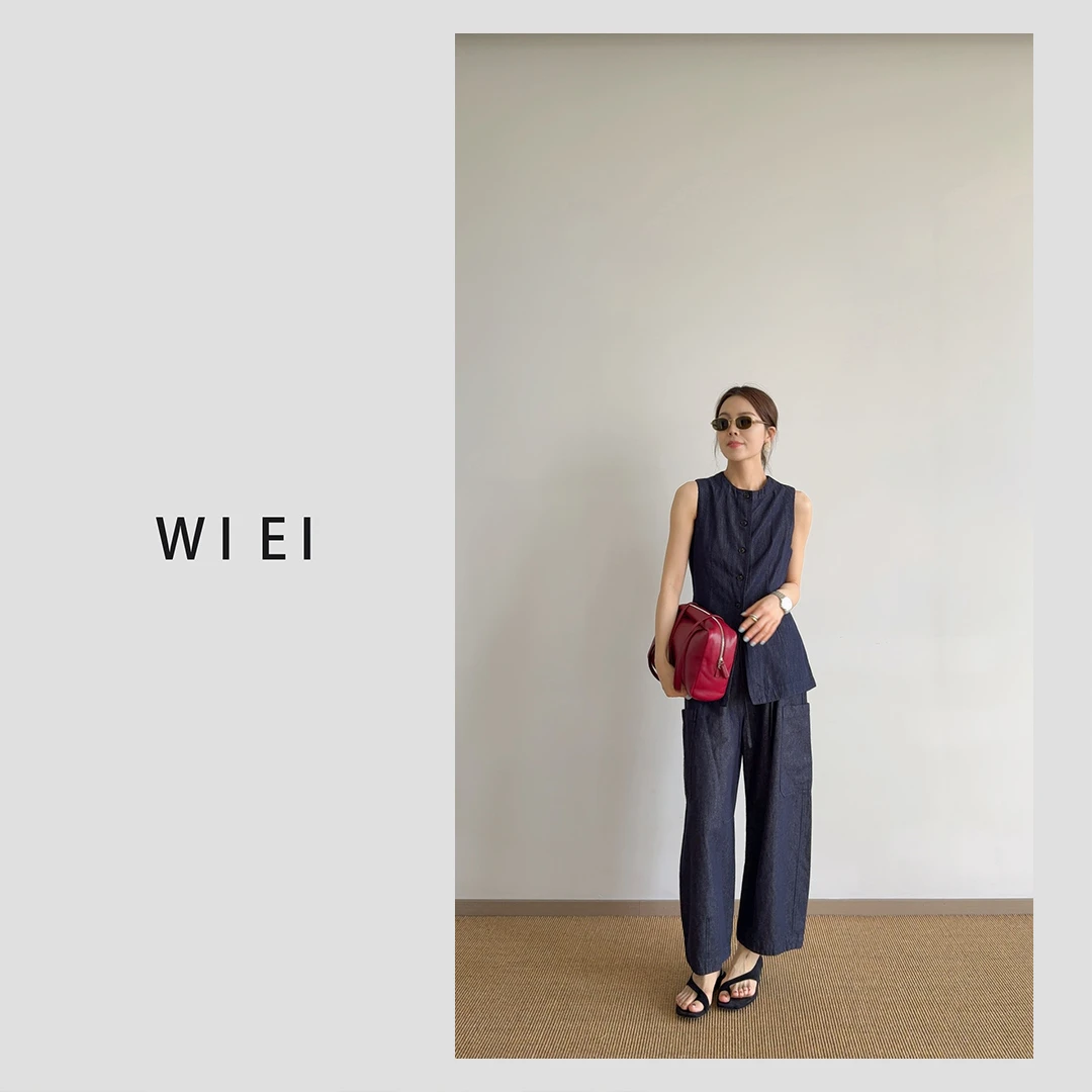 《WI EI》8月的雨，亚麻莱赛尔老钱风无袖收腰马甲/裤子W25203009
