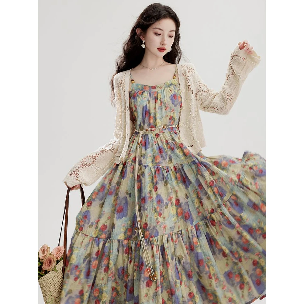 法式高级设计感油画印花碎花吊带连衣裙海边旅游度假风气质长裙