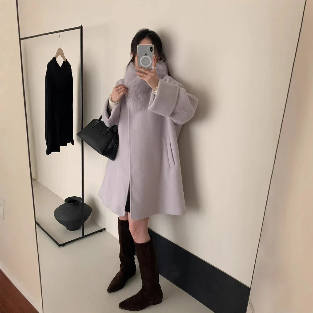 冬季新款双面羊毛大衣女狐狸毛领莫兰迪色系中长款羊毛呢外套