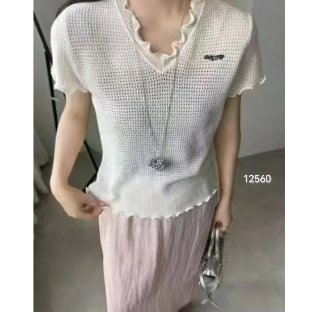 12560（部分无水洗唛，介意慎拍）WANGDAN鸡心花边领镂空短袖