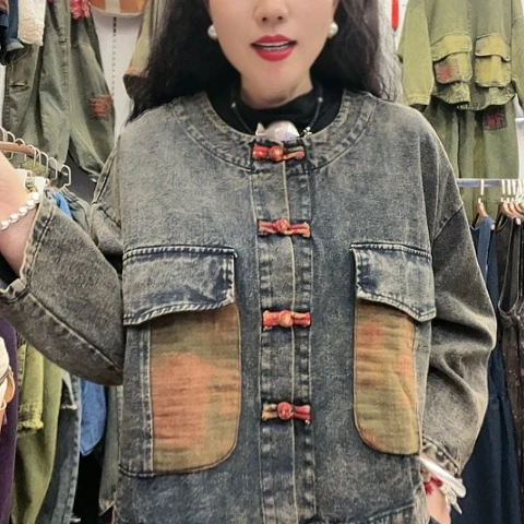 刺绣招财猫牛仔仙人掌上衣