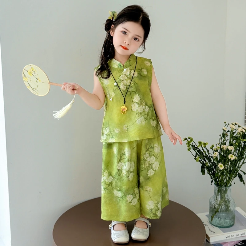 女童新中式套装洋气儿童夏季新款女宝宝国风阔腿裤两件套小女孩潮