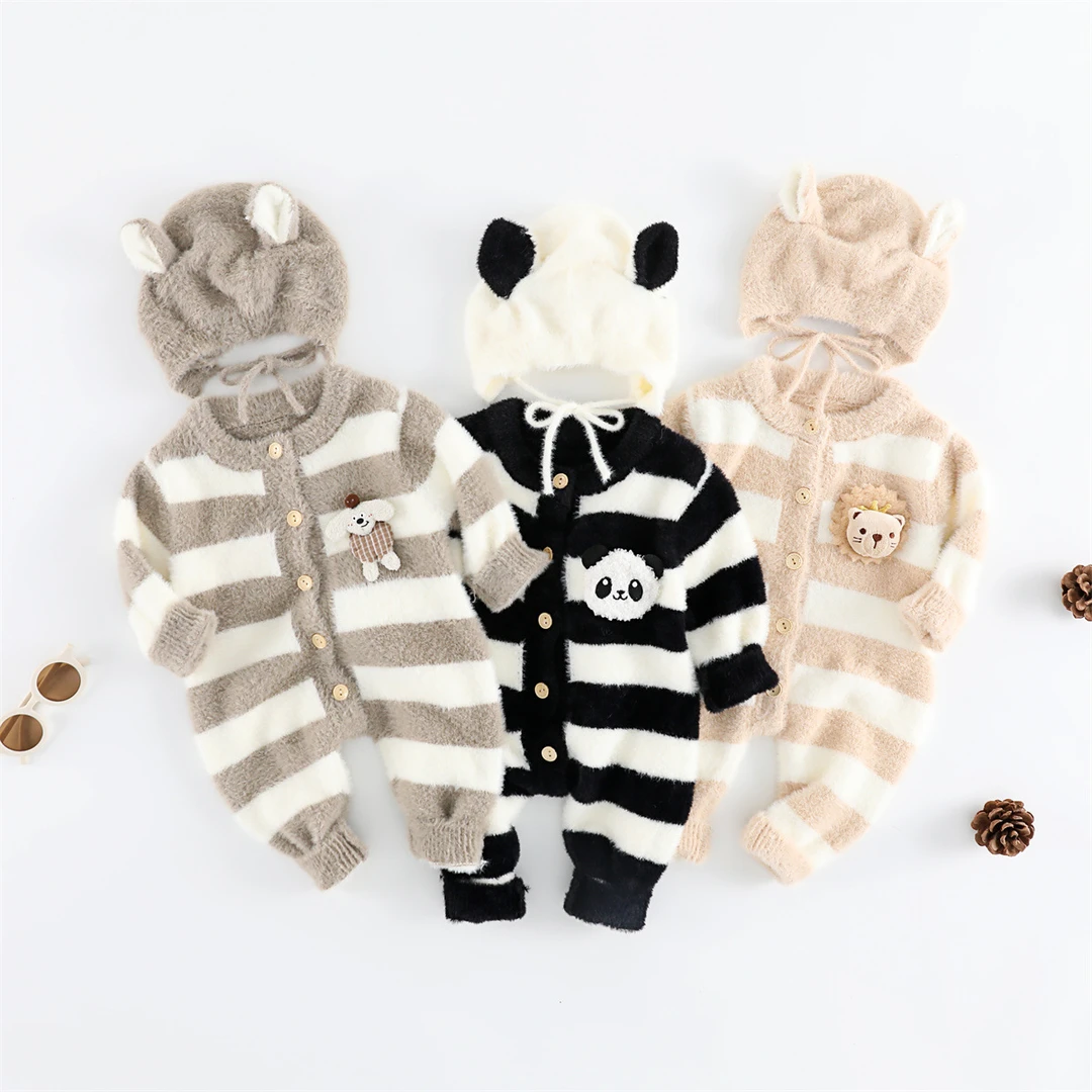 韩版潮款0-2岁男女宝秋款毛线连体衣条纹可爱小狗婴儿衣服含帽子
