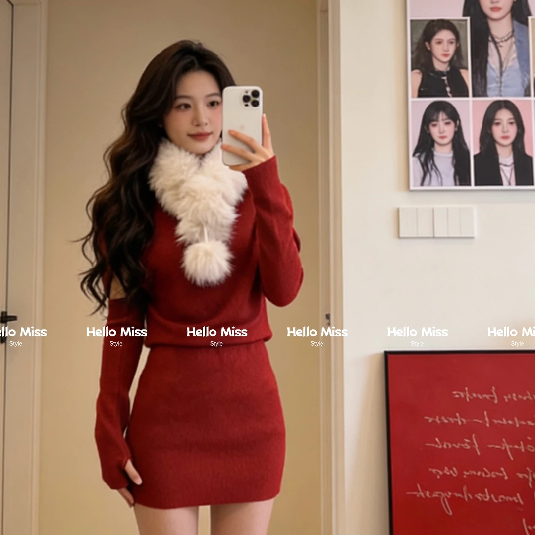 HELLO MISS-气质袖套修身包臀针织连衣裙(配毛领)2593
