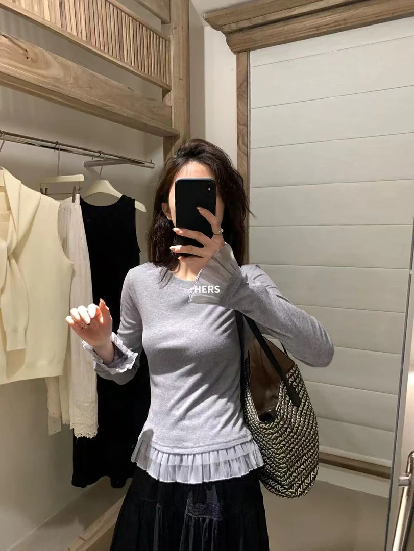 F8-2两色“纱边下摆”长袖上衣