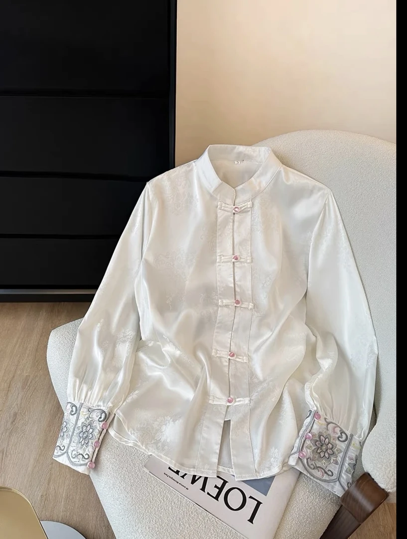 春款新中式国风立领暗纹提花刺绣气质时尚长袖女士衬衫上衣