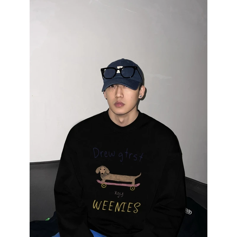 280g重磅纯棉长袖T恤男潮牌卡通腊肠狗印花内搭打底衫加绒卫衣ins