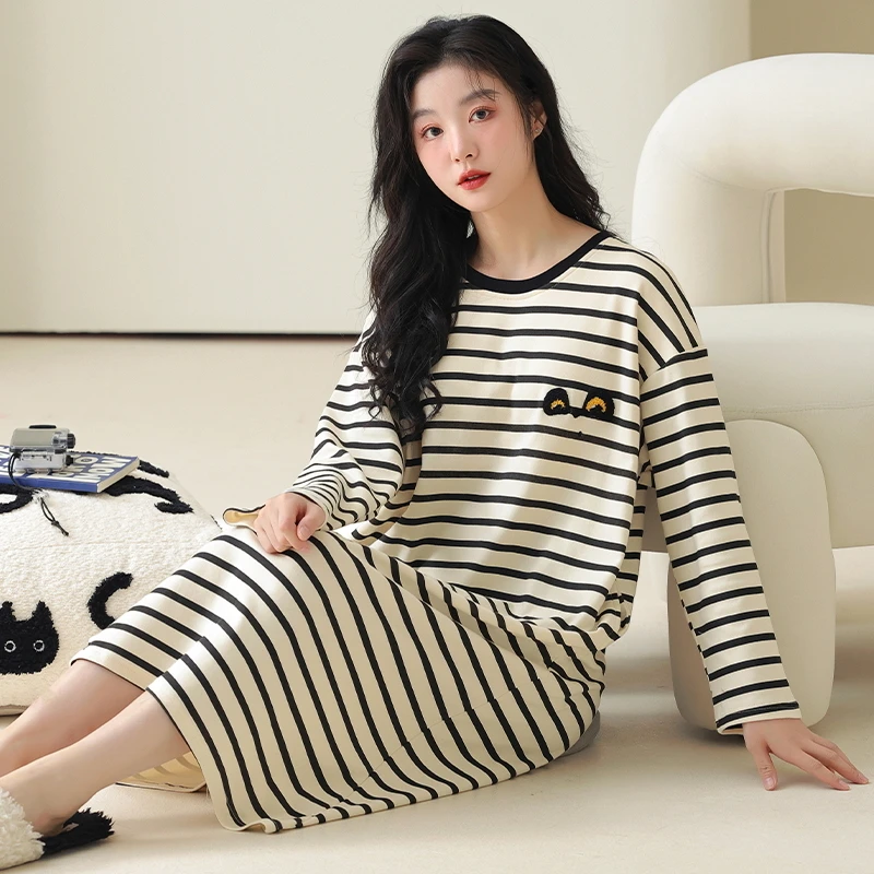 2025新款睡裙女款条纹长袖春秋季网红风可外穿中长款加大码睡衣裙