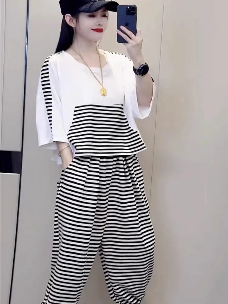 2025年春季新款百搭气质高级感两件套条纹短袖上衣休闲裤休闲套装