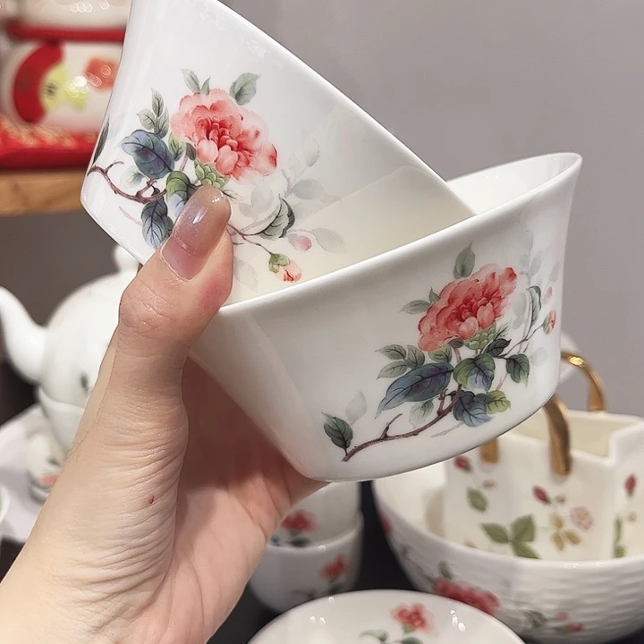 瓷片山茶花米碗2个瓷片