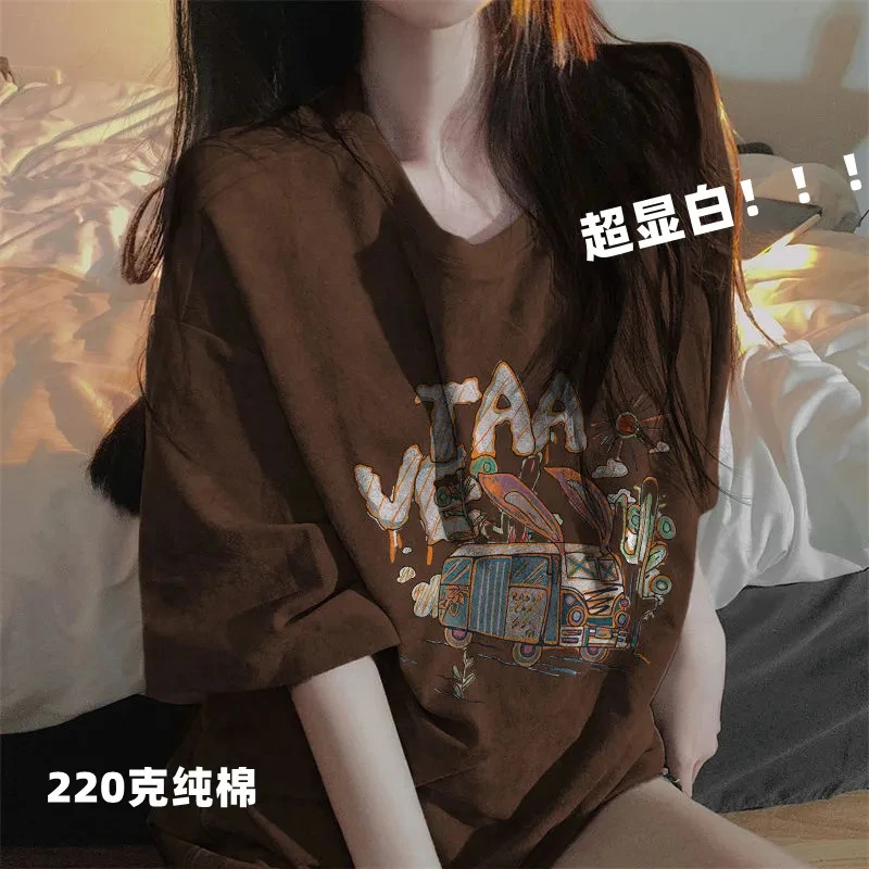 美式棕色棉宽松oversize复古短袖T恤显白女夏季宽松新款上衣in