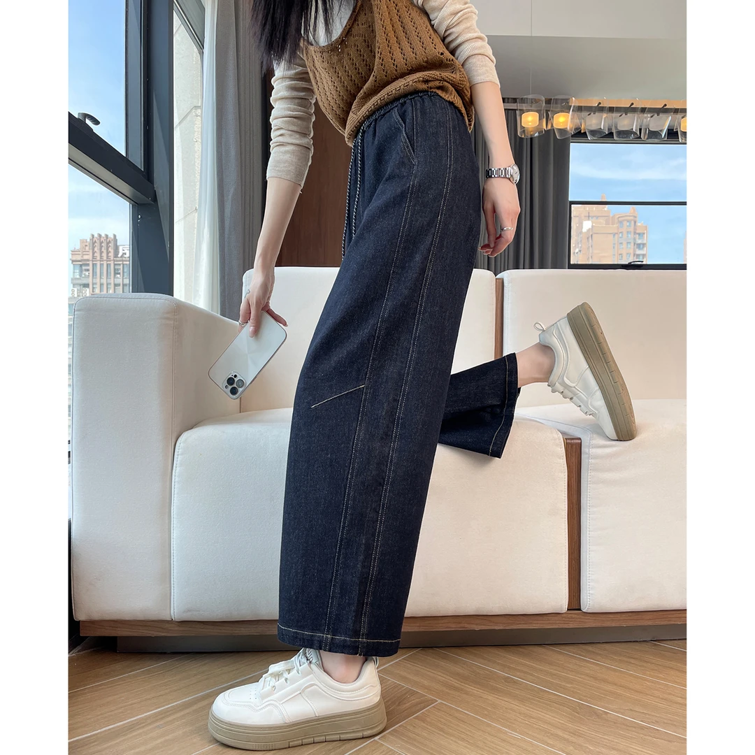 九分牛仔弯刀裤女2025新款加绒丹宁小个子宽松显瘦阔腿松紧腰裤子