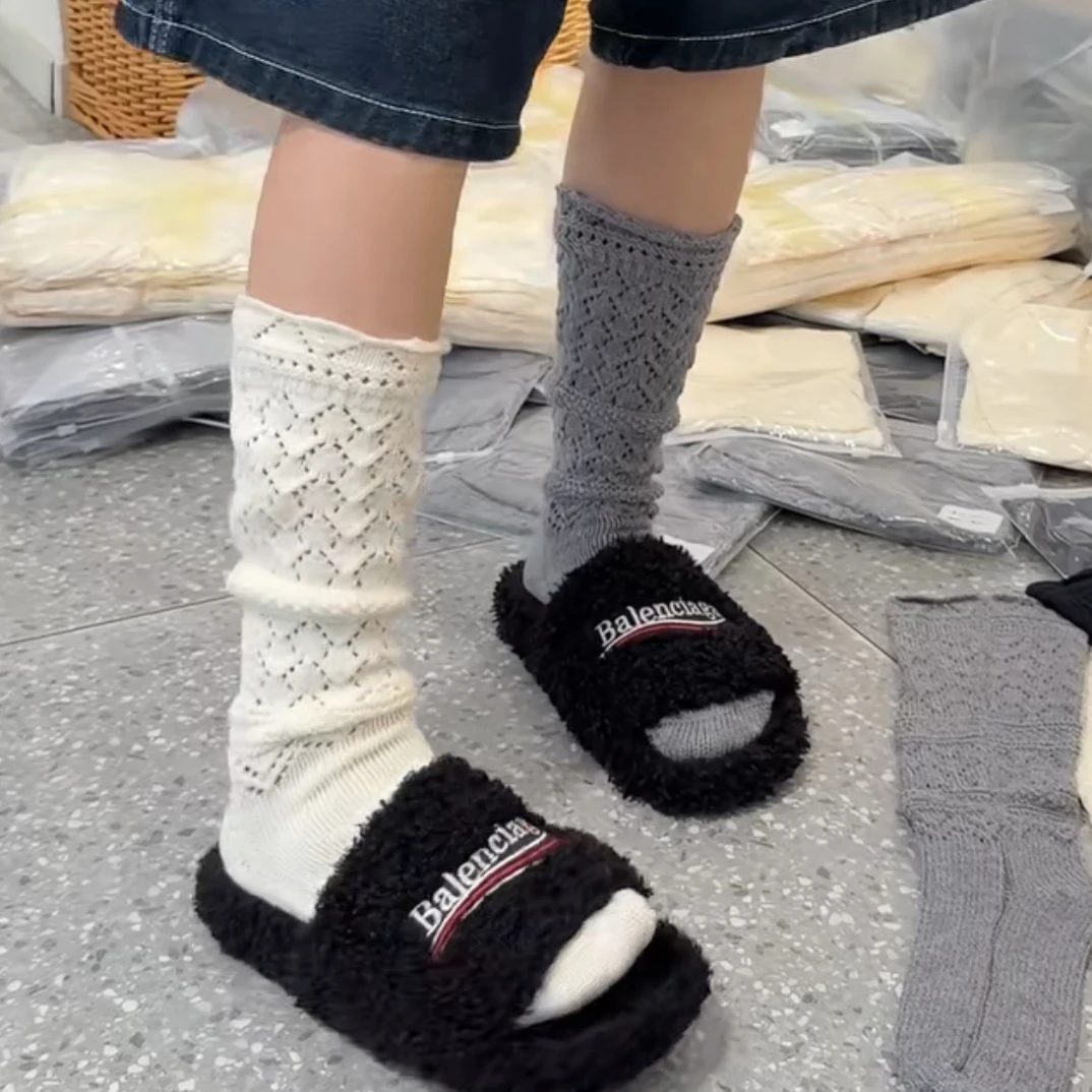 春秋新款女士纯色镂空堆堆小腿袜百搭显瘦舒适中筒袜
