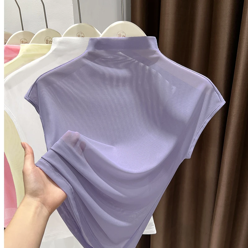 半高领洋气薄款无袖T恤女高级感时尚气质休闲上衣女网纱镂空小衫