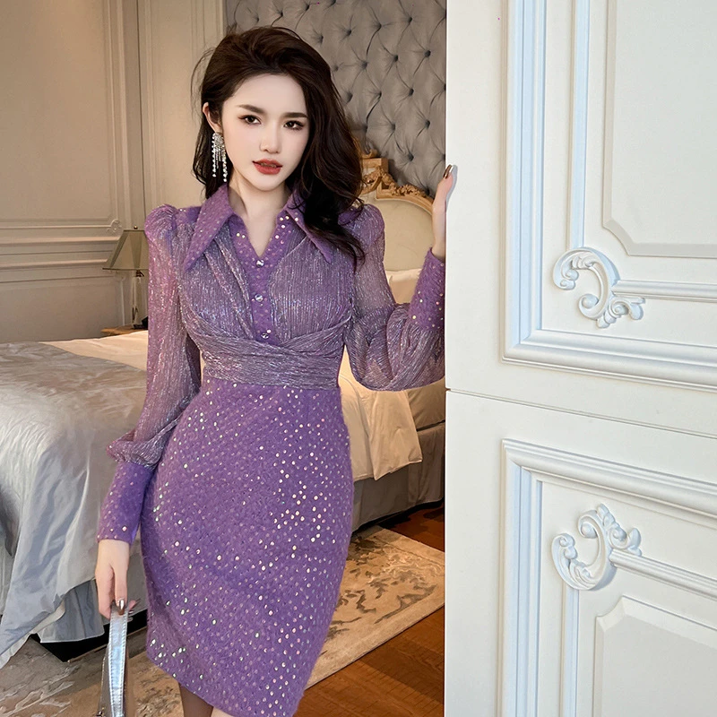 2024春装新款女装名媛气质设计感扭结POLO领衬衫亮片连衣裙50710