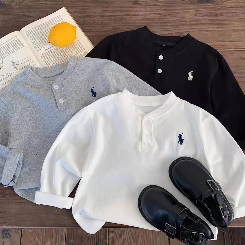 儿童时尚休闲春秋棉百搭上衣长袖刺绣男女童韩版100打底衫VT恤领