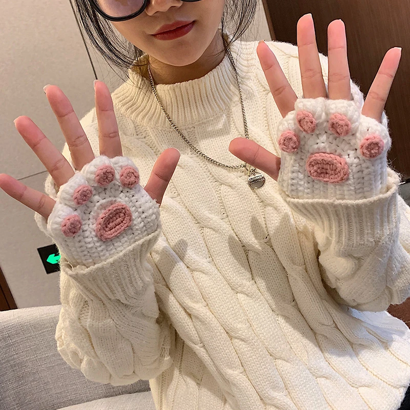 猫爪手套diy材料包毛线手工编织自制同款手织秋冬半指手套女
