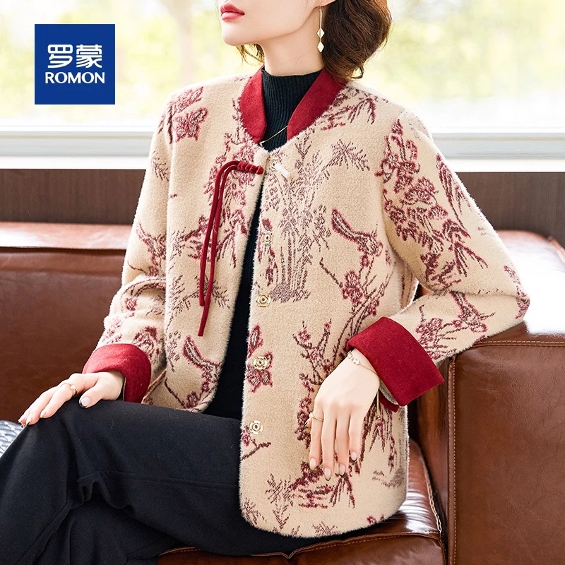 罗蒙新中式妈妈装冬季加棉外套女加厚中国风中老年人保暖毛呢大衣