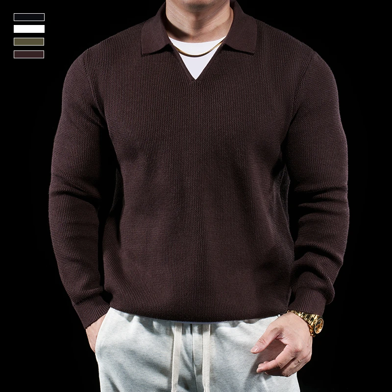 霸道肌肉 男士高弹长袖翻领V领毛衣秋冬款运动休闲针织衫保暖上衣