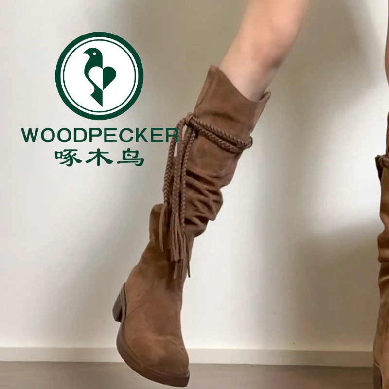 啄木鸟厚底粗跟复古废土风骑士靴女西部牛仔长筒单靴堆堆中筒短靴