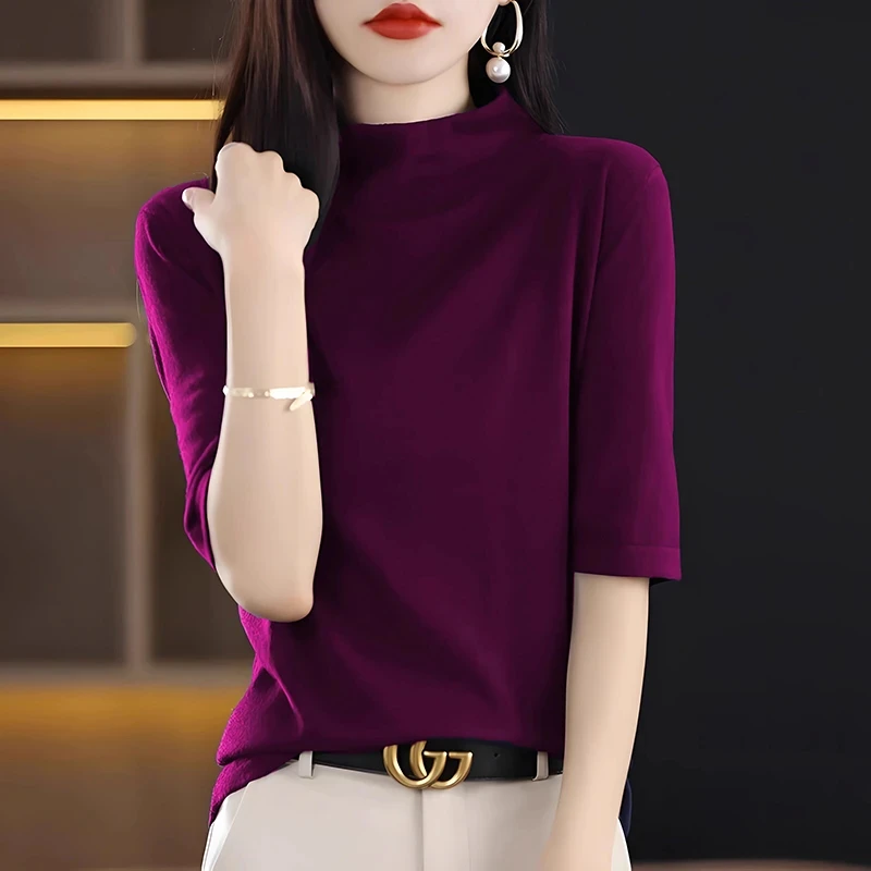 打底衫女春秋2025新款薄款宽松中袖T恤上衣洋气轻熟风紫色针织衫