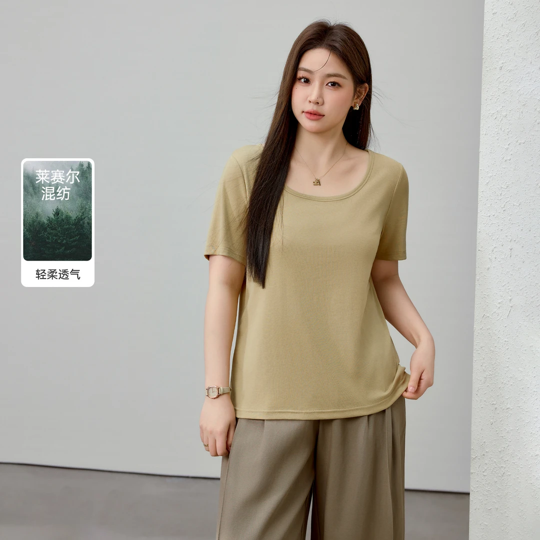 【宽松显瘦莱赛尔T恤】纤莉秀E大码女装气质休闲风T恤QK0984