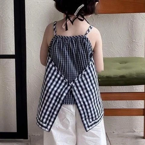 女童森系套装2025夏季新款儿童格子无袖吊带娃娃衫宝宝休闲阔腿裤