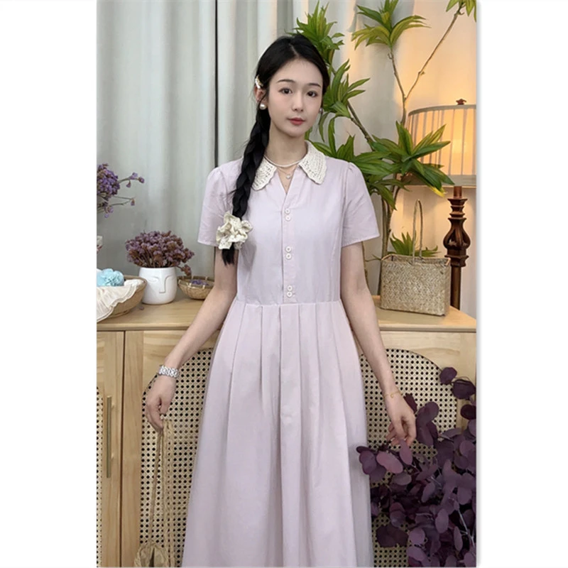 大乔【芬芳】粉色短袖连衣裙编织拼接领纯棉夏季气质显瘦温柔优雅