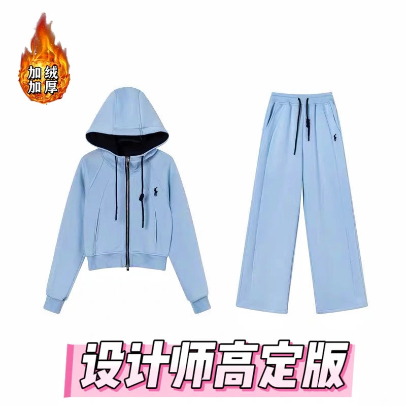 加绒加厚韩版休闲运动套装冬款显瘦连帽卫衣长裤减龄两件套1485