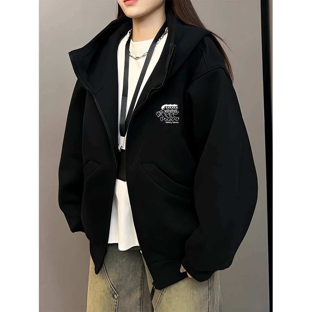 创意卡通小人字母印花高领开衫连帽卫衣男女秋冬季休闲拉链外套潮