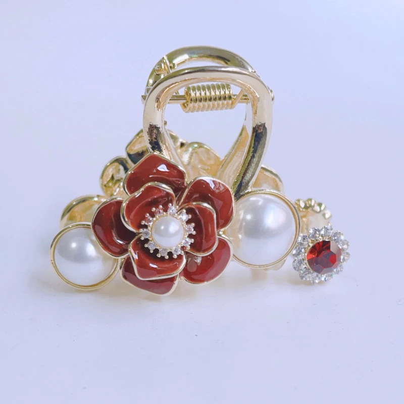 精致红色花朵发夹女秋冬高级感中号抓夹精致后脑勺半扎发鲨鱼夹子