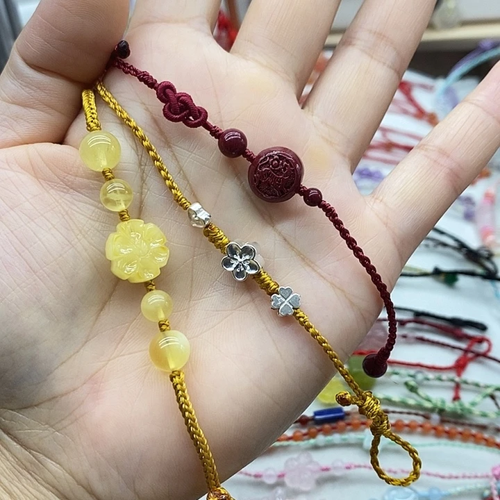 非金属布艺925心手绳吉金色朱砂蜜蜡