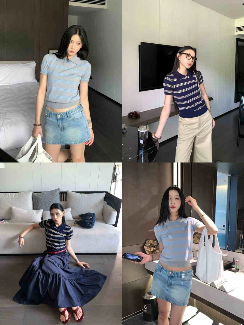 70不是七十【韩式街头】韩系学院风polo领条纹修身显瘦毛织短袖上衣