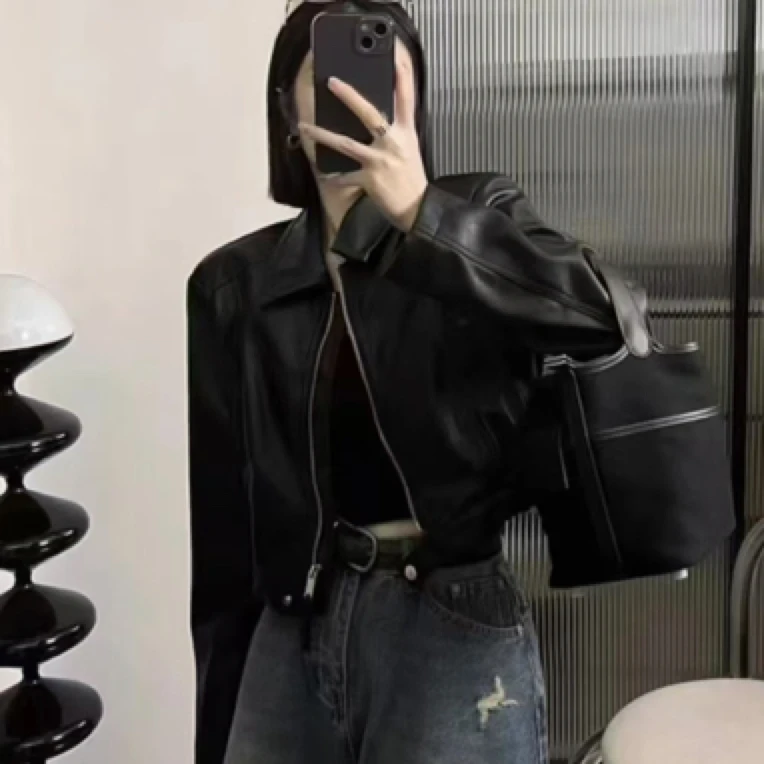 新款复古polo领小个子皮衣外套女机车服夹克