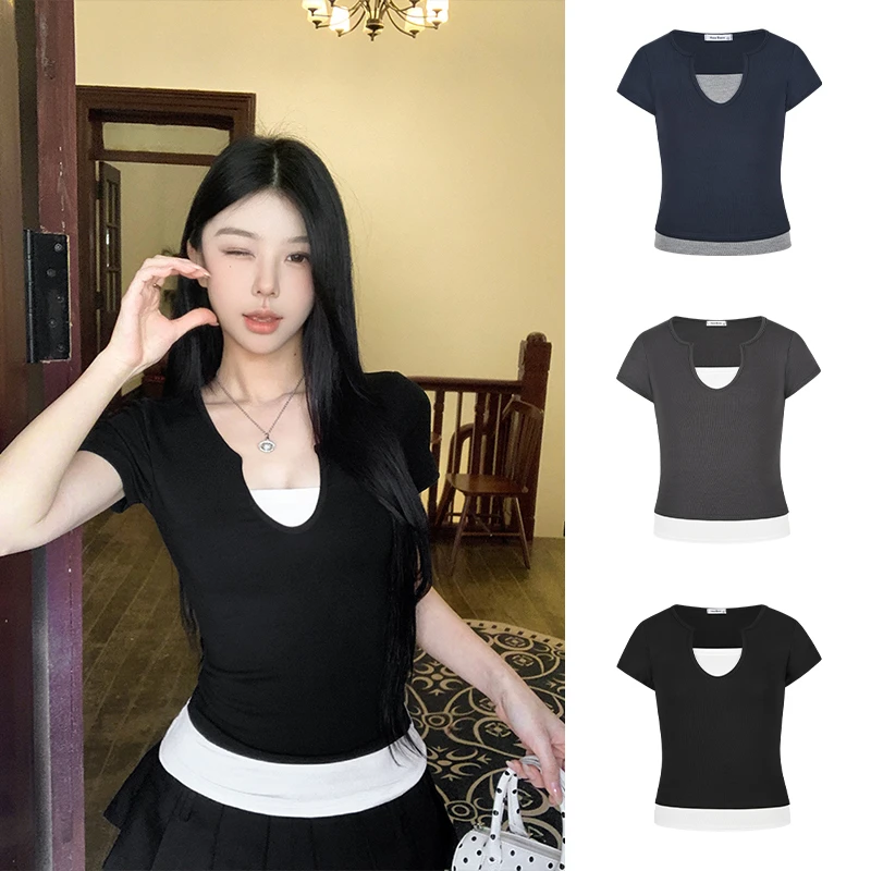 Moses Queen/魔西女王美式复古假两件短袖T恤拼接撞色辣妹上衣