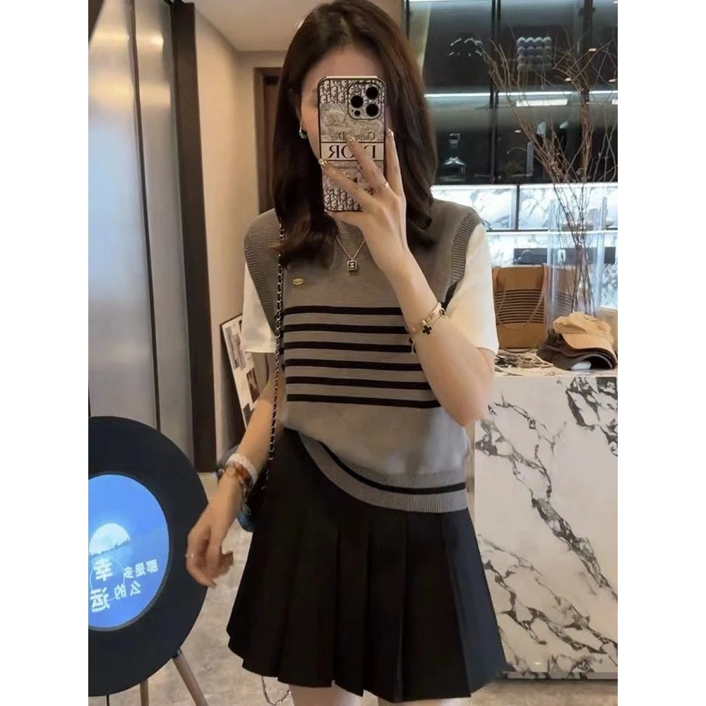 3884大码夏装新款2025宽松假两件针织上衣微胖mm百搭显瘦冰丝短袖