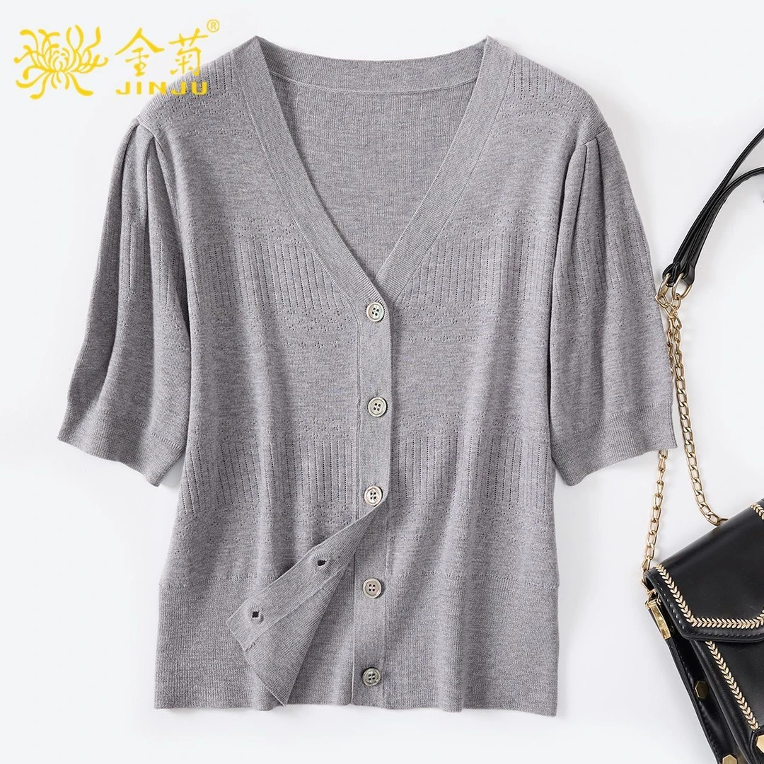 【莱赛尔桑蚕丝针织开衫】夏款法式优雅通勤V领短袖T恤 6718