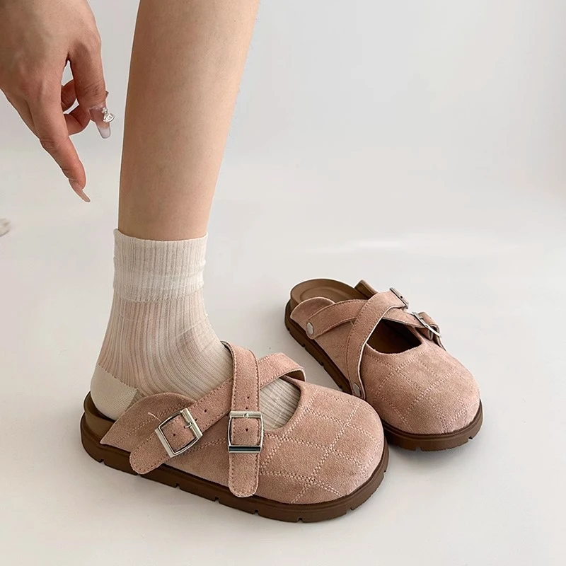 交叉带设计包头半拖鞋女2025春季新款外穿增高厚底勃肯鞋粉色凉拖