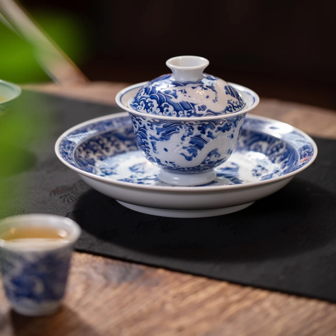 景德镇制景德镇仿明青花暗刻海水龙高奢功夫茶具三件套送礼中式