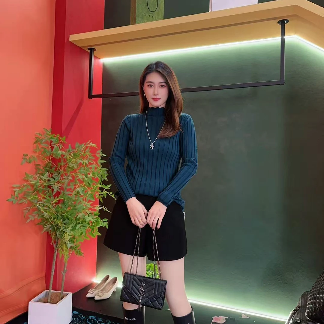 008高级感松石绿色100%羊毛半高领针织上衣 秋冬修身显瘦打底毛衣